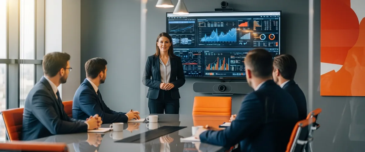 Fractional CISO presenting a cybersecurity dashboard to four seated executives in a modern boardroom