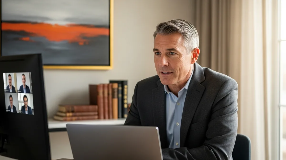 Fractional CISO joining virtual client meeting from home office workspace