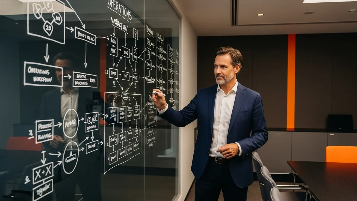 Operations leader at whiteboard planning the first 90 days of a fractional COO engagement