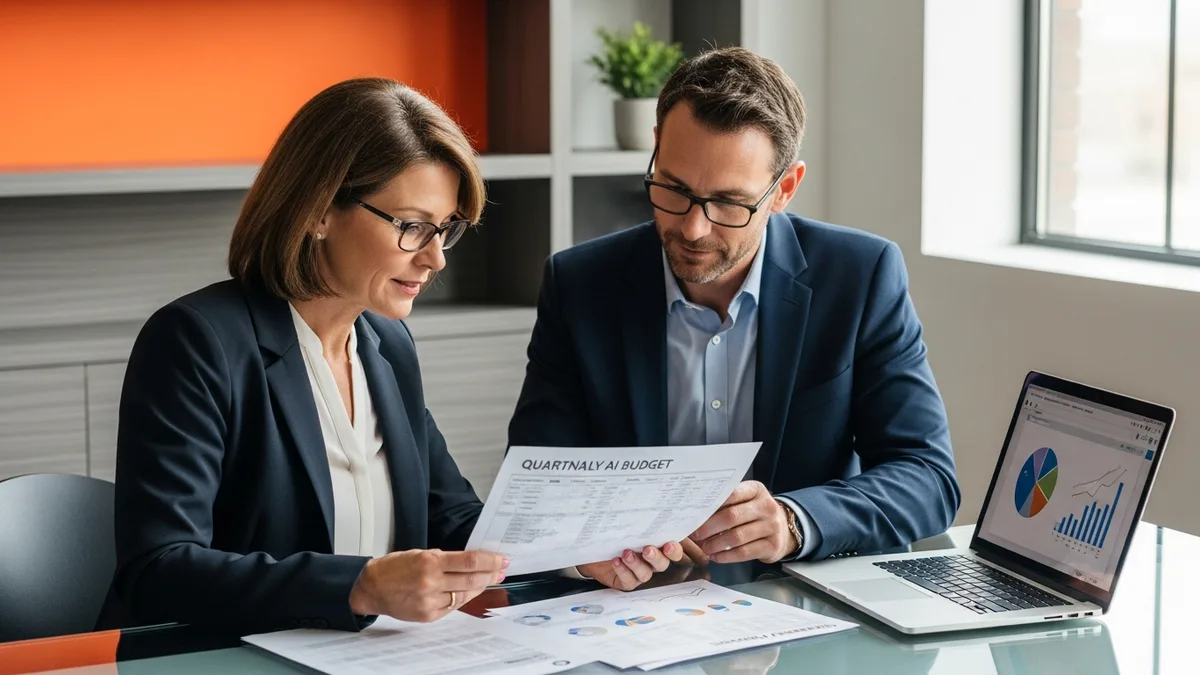 CFO and fractional head of AI reviewing quarterly AI budget spreadsheet