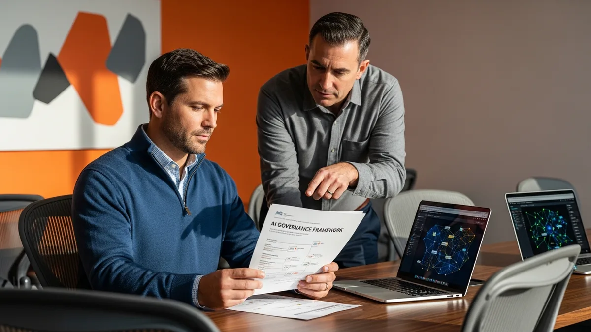 Fractional head of AI reviewing AI governance framework with ML engineer