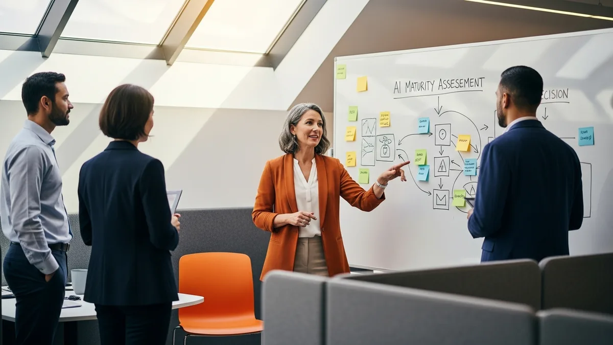 Fractional AI leader facilitating AI use-case prioritization whiteboard with executives