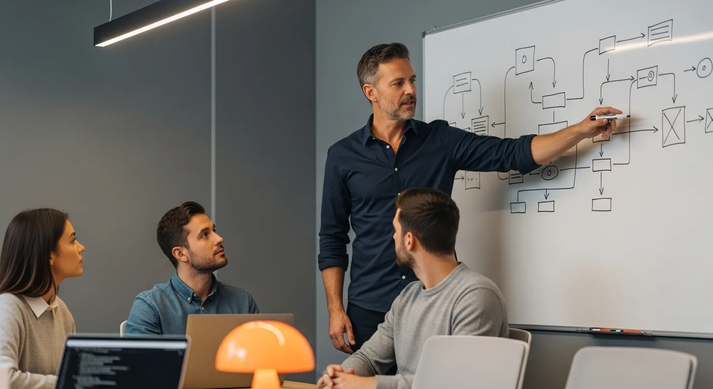 Senior engineering leader presenting sprint roadmap on whiteboard to startup engineering team