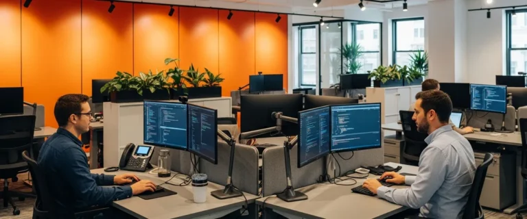 Full stack developer team at workstations in a modern tech office with orange accent wall panels and dual monitors displaying code editor interfaces