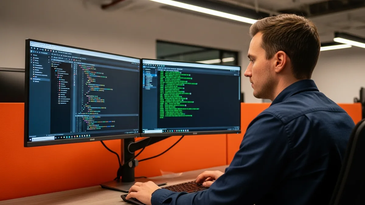 Full stack developer at dual-monitor workstation reviewing React component architecture and TypeScript code in a modern tech office with orange accent lighting