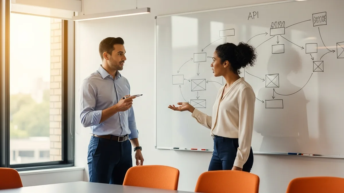 Two developers in a technical interview session discussing full stack architecture on a whiteboard with React component diagrams and API flow charts
