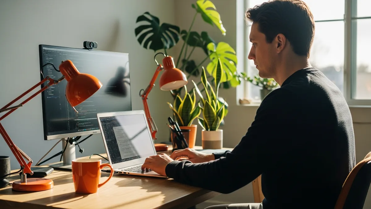 Remote full stack developer working from a home office with dual monitors