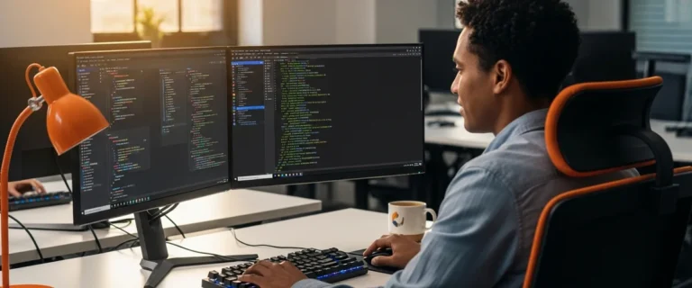 Full stack developer working at a dual-monitor workstation reviewing React and Node.js code in a modern tech office