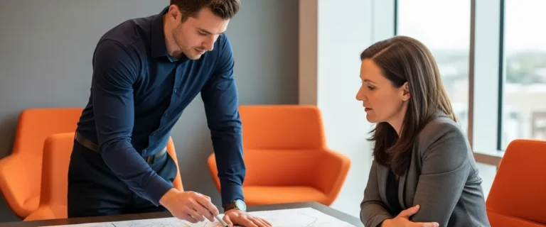 GIS analyst and hiring manager reviewing a large-format spatial analysis map in a conference room
