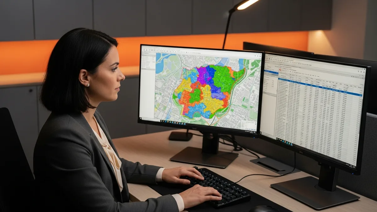 GIS analyst reviewing spatial data and colored polygon overlays on a dual-monitor workstation