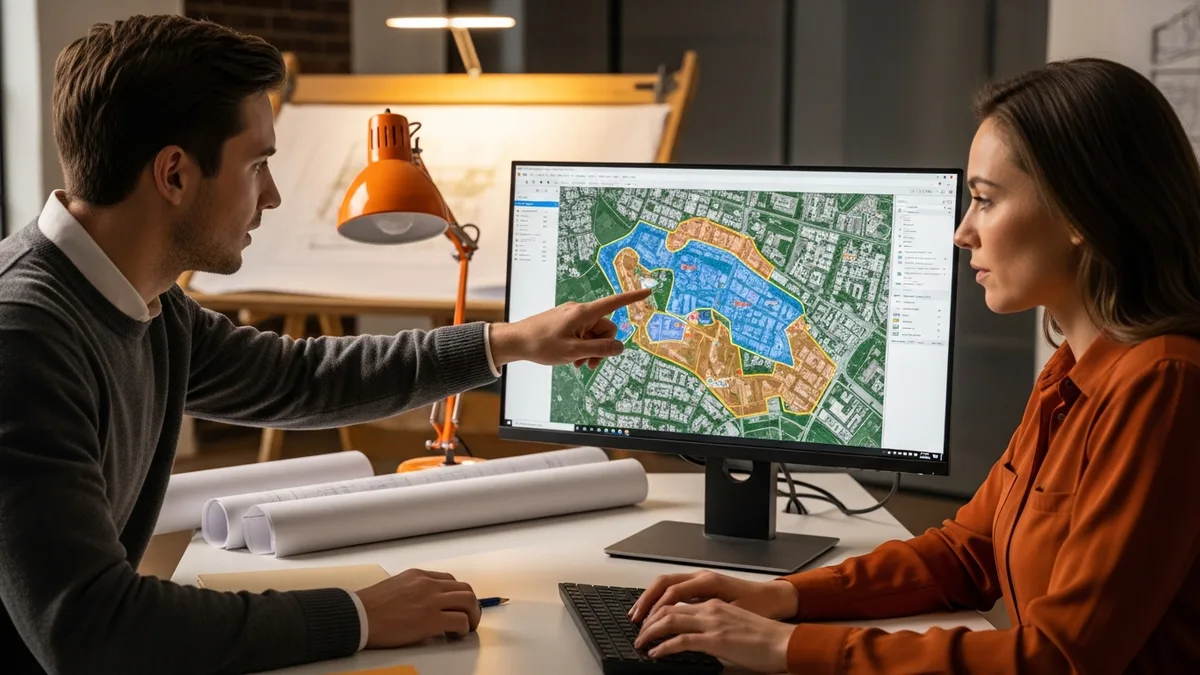 Two GIS analysts analyzing satellite imagery overlay and buffer zones for urban planning