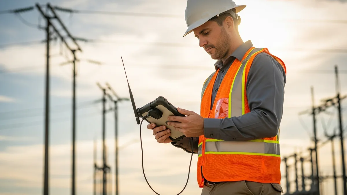 Field GIS technician using a rugged tablet with GPS antenna at an electrical utility site