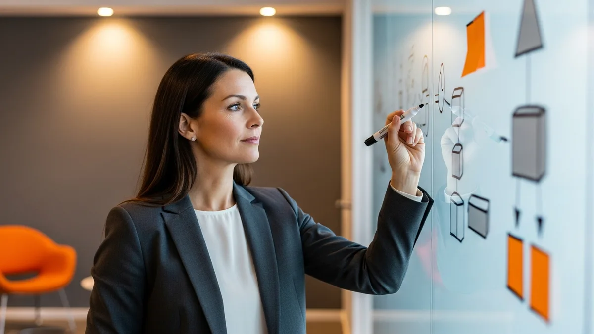 Hiring manager planning a GIS analyst job description and role requirements at a whiteboard