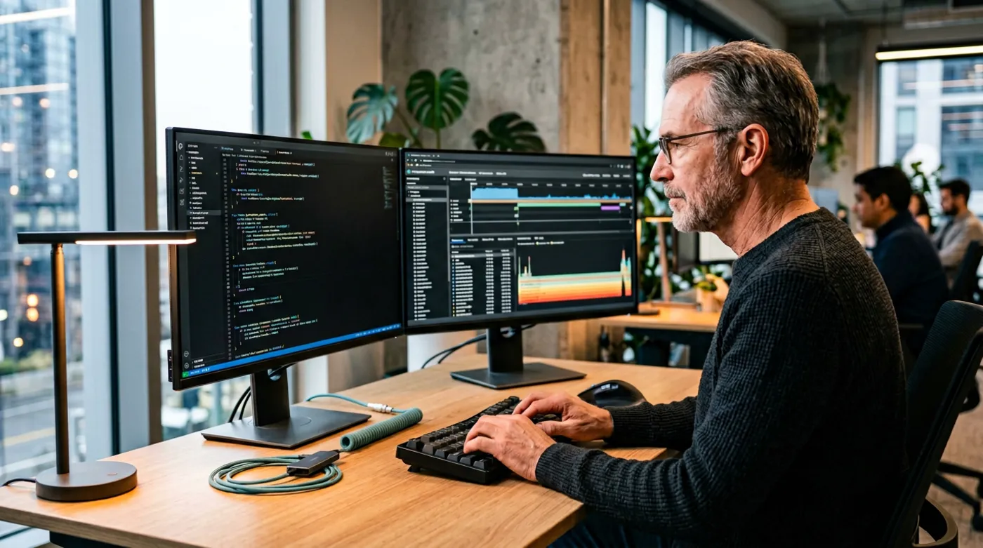 Senior Golang developer reviewing goroutine trace and gRPC service code on dual monitors, KORE1 Go developer staffing