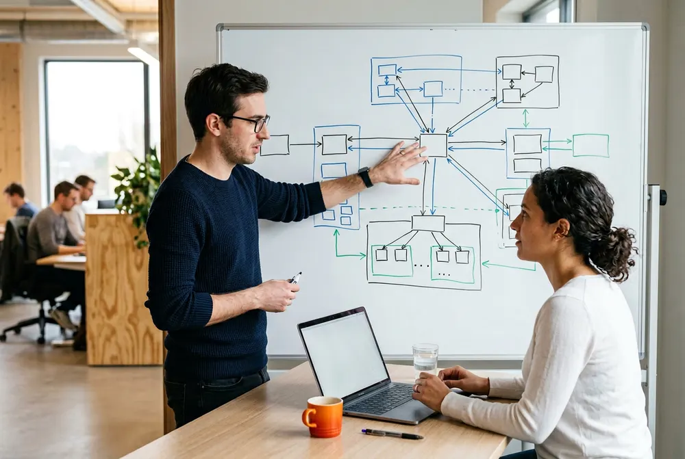 Go engineer pair-programming on a microservice with terminal and service mesh diagram visible