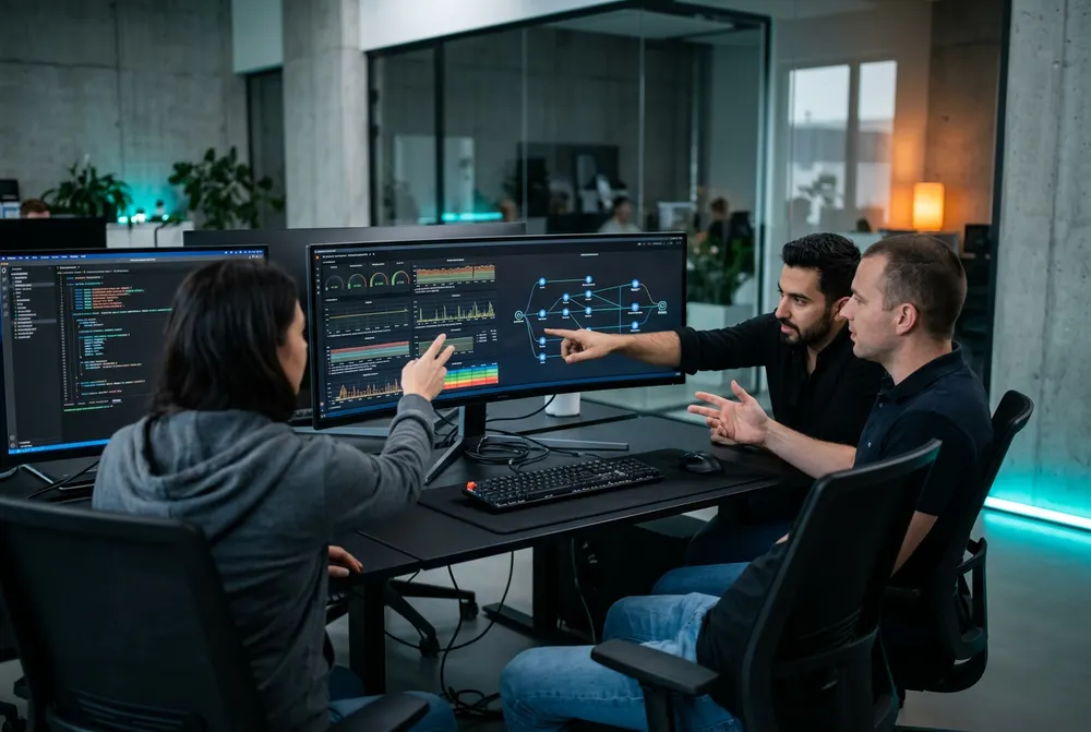 Engineering team reviewing a Go-based gRPC service architecture diagram and Kubernetes operator code on large monitor