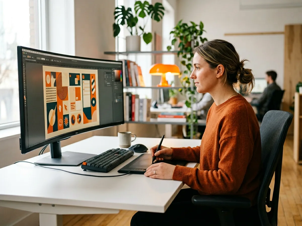 Graphic designer working at studio desk with tablet and brand identity materials — KORE1 graphic designer staffing