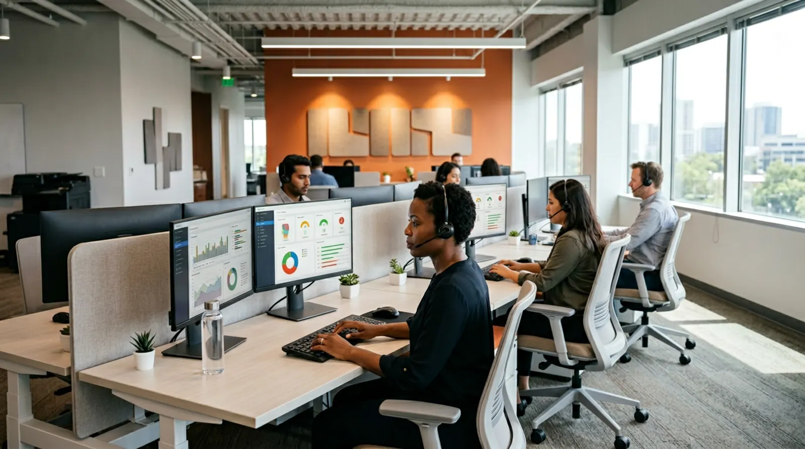 Help desk technicians at workstations with dual monitors solving tickets in a bright modern IT support center