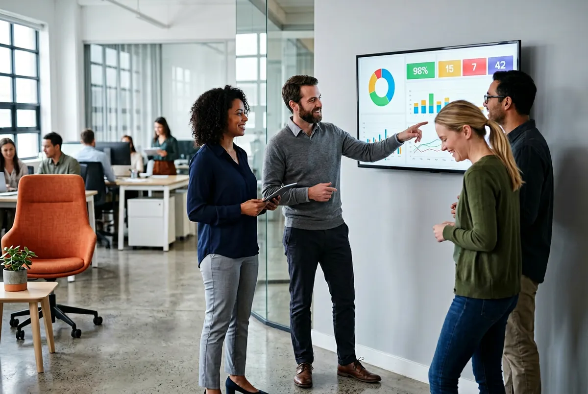 Help desk team huddle around a queue dashboard during a morning standup with ticket SLAs visible