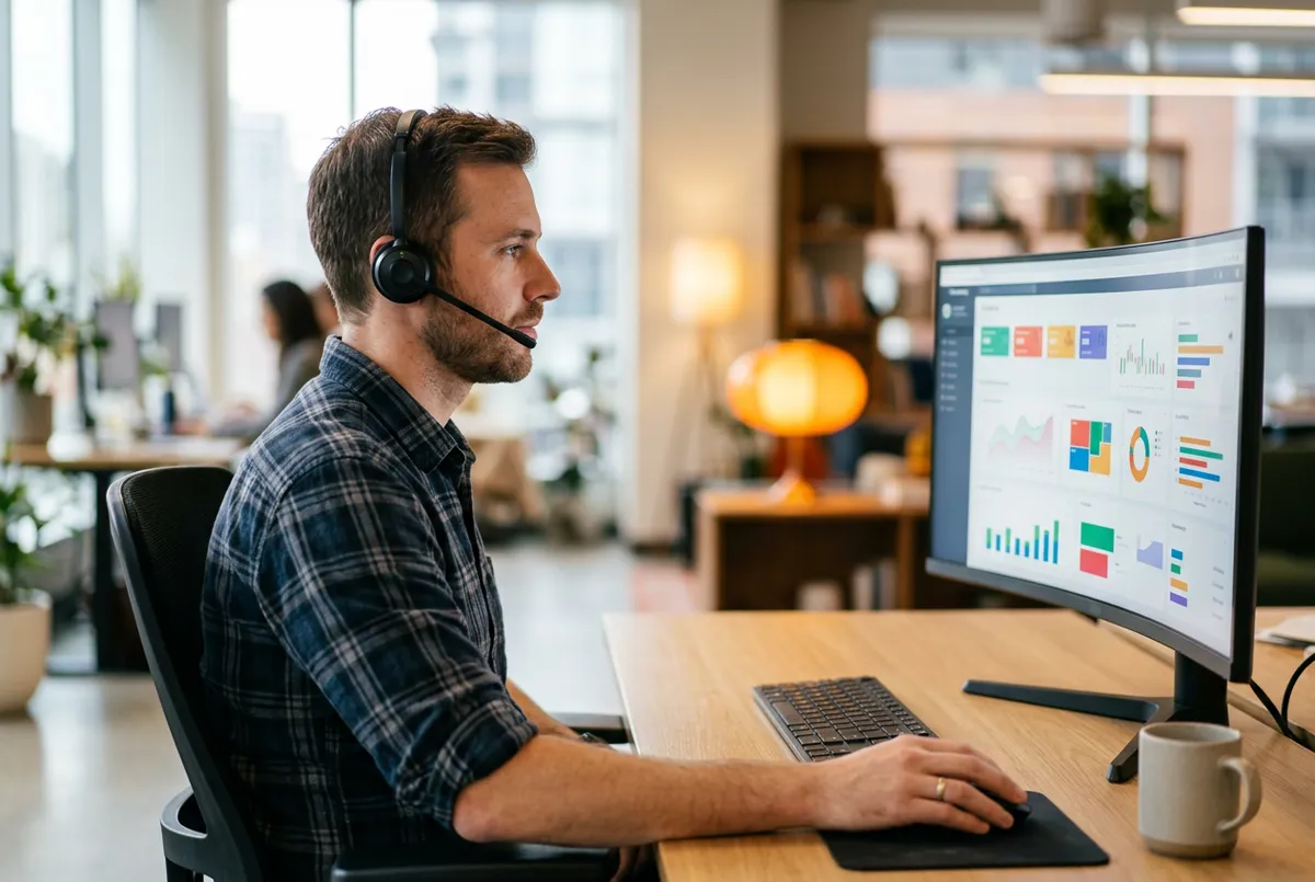 Help desk technician with a headset reviewing a ticket queue dashboard while taking a support call