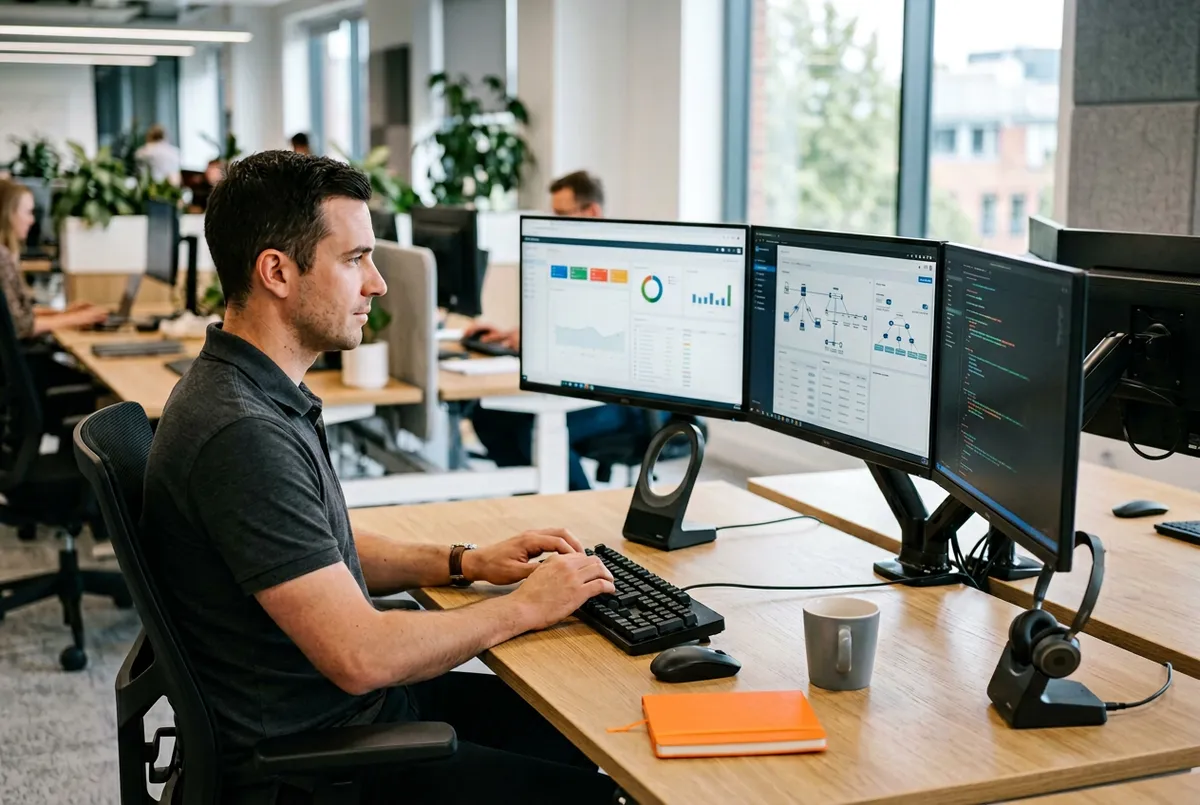 A multi-monitor IT support workstation in a clean modern office with a help desk professional handling tickets