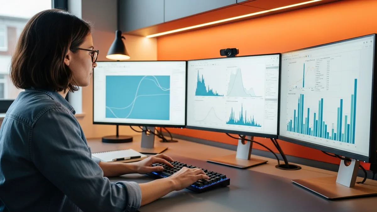 Machine learning engineer reviewing model training metrics on three monitors with feature importance plots and loss curves