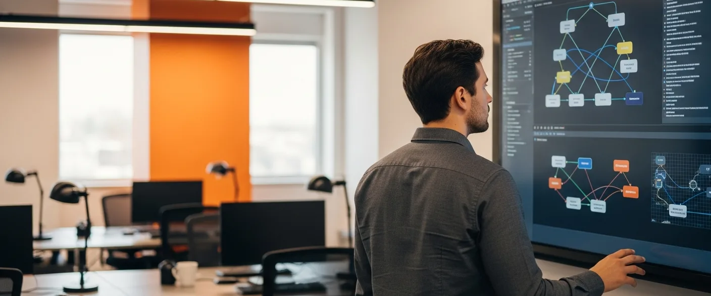 Engineering team reviewing agent trajectory traces on a large monitor in a KORE1 team room
