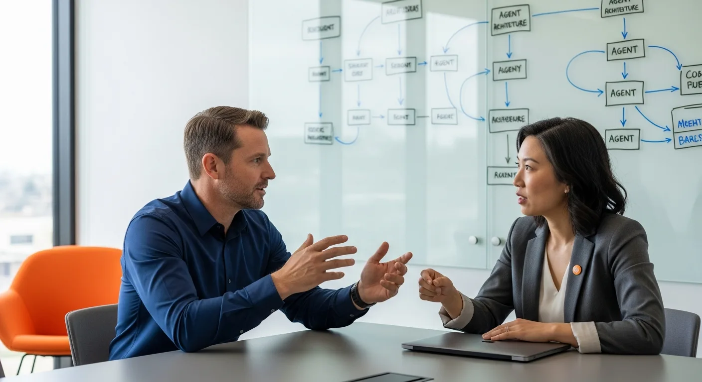Hiring manager and AI engineering lead in an intake meeting mapping out agent scope on a whiteboard