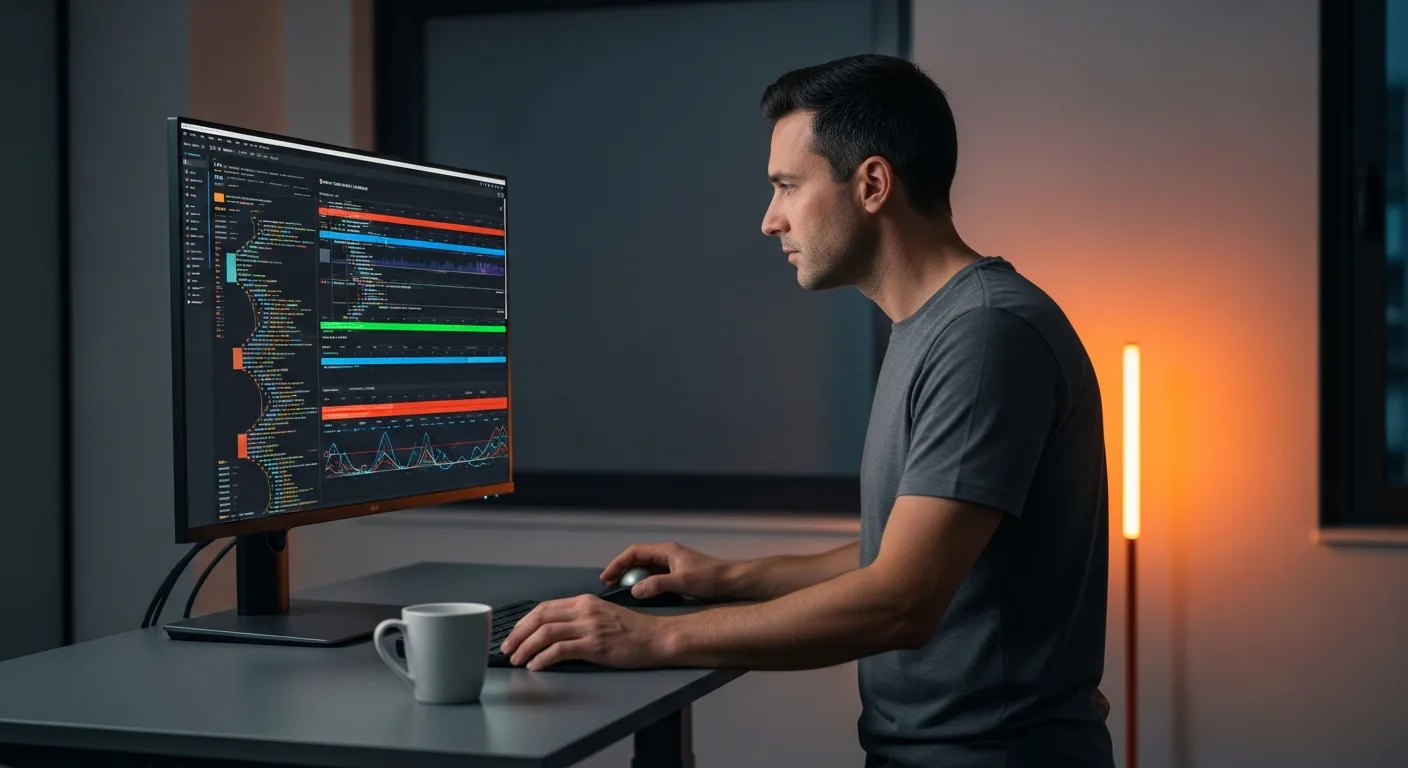 AI engineer debugging agent trajectories in an observability dashboard at a standing desk