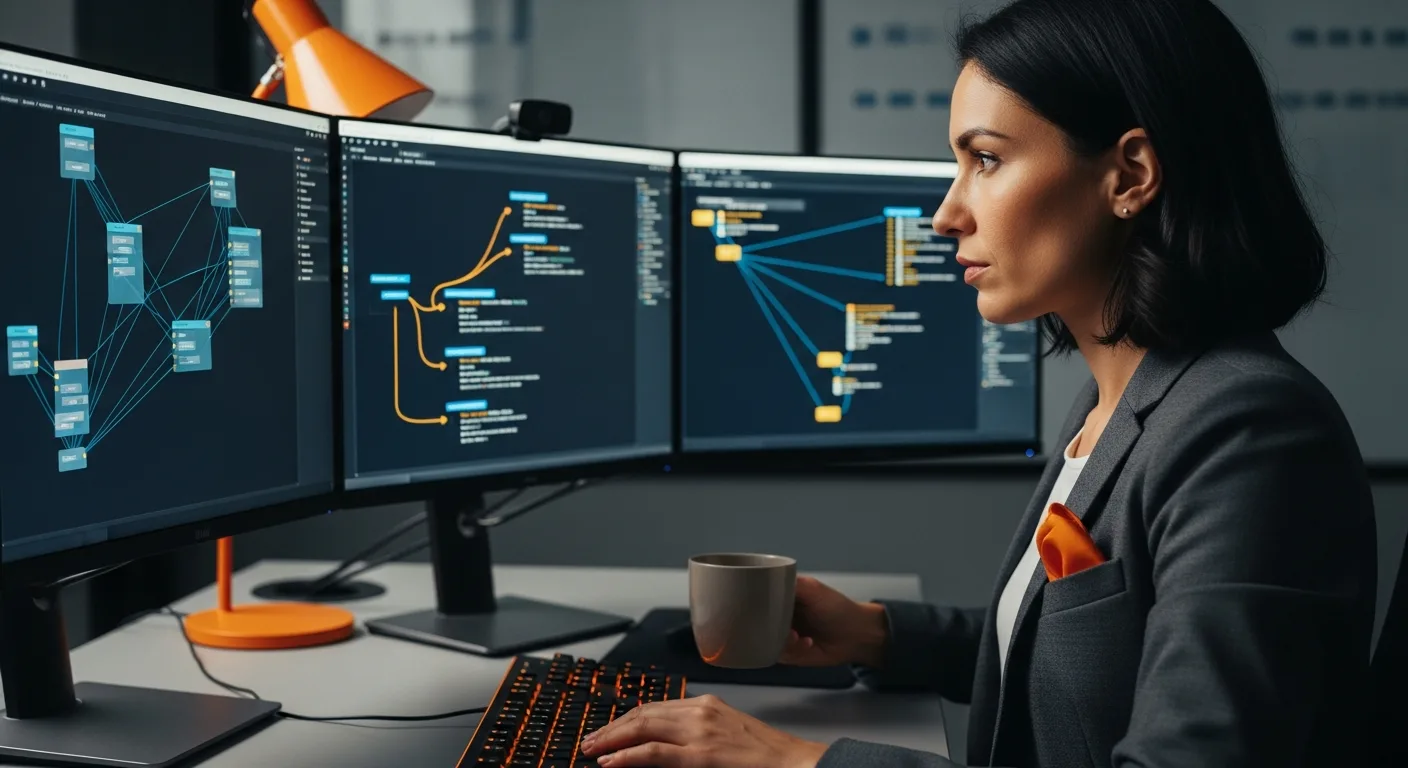 Agentic AI engineer reviewing a multi-step agent trace with LangSmith observability dashboards on triple monitors
