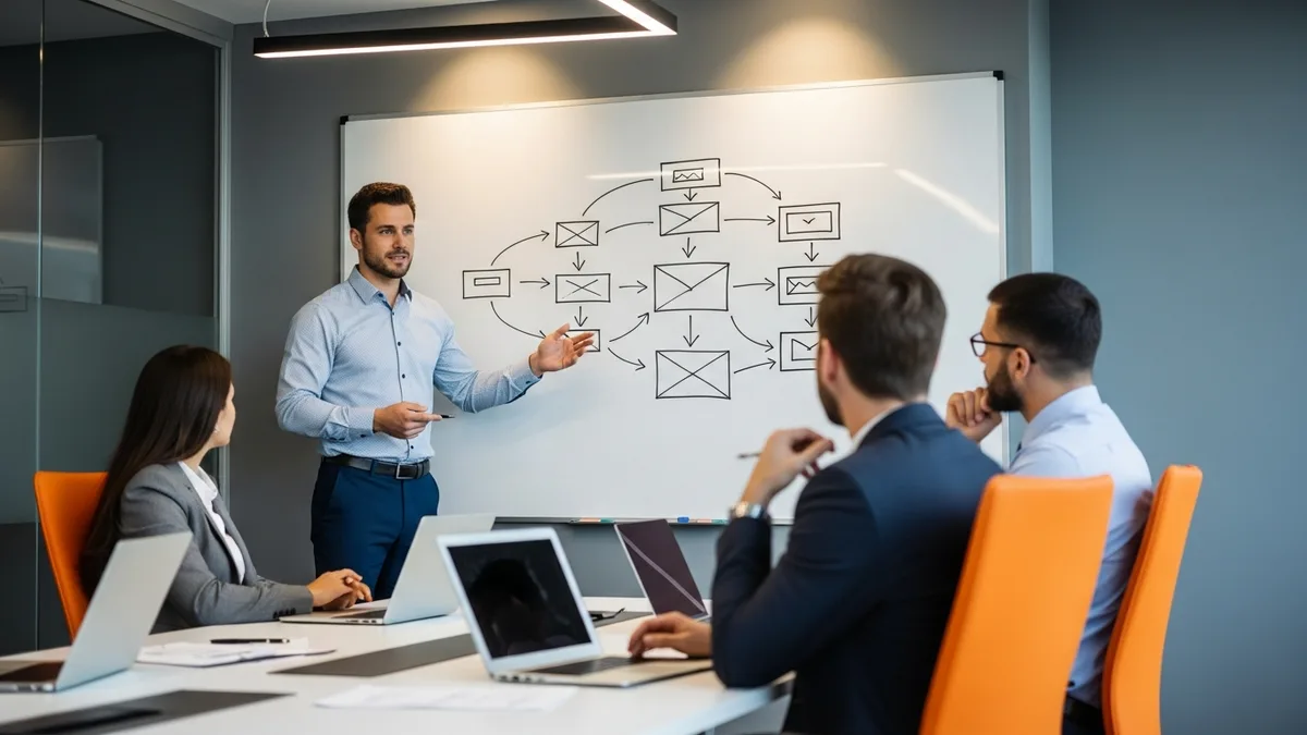 AI forward deployed engineer at a whiteboard presenting an integration architecture diagram to three skeptical enterprise stakeholders in a glass-walled conference room