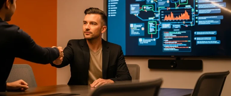 AI forward deployed engineer in a dark blazer mid-handshake with an enterprise client in a modern conference room with an LLM agent dashboard on a wall display in the background