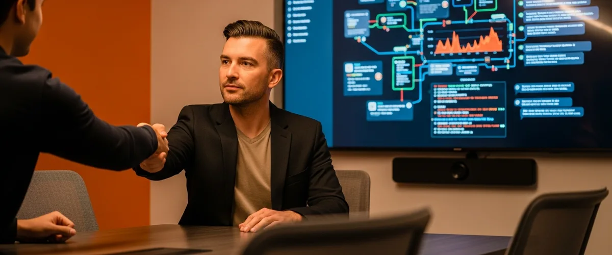 AI forward deployed engineer in a dark blazer mid-handshake with an enterprise client in a modern conference room with an LLM agent dashboard on a wall display in the background