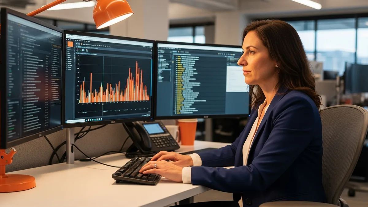 Senior AI forward deployed engineer reviewing LLM agent tool-call traces and prompt evaluation graphs across three monitors in a modern open-plan office