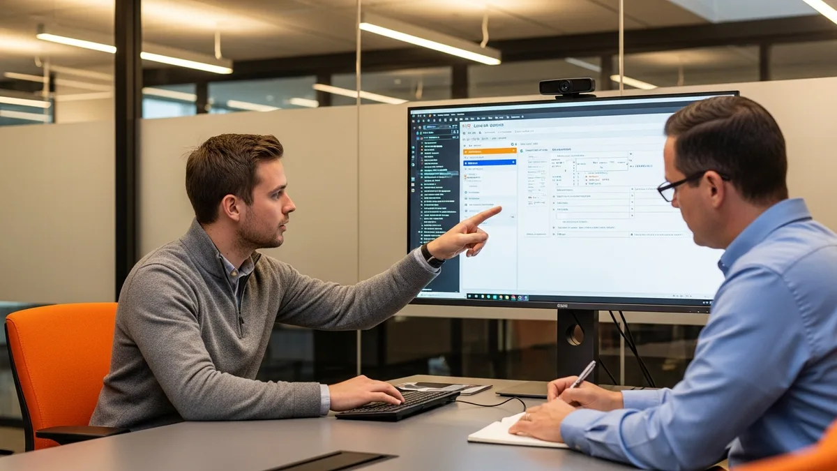 Two AI forward deployed engineers pair-programming on an LLM agent dashboard with prompt traces and tool-call chains in a glass-walled conference room