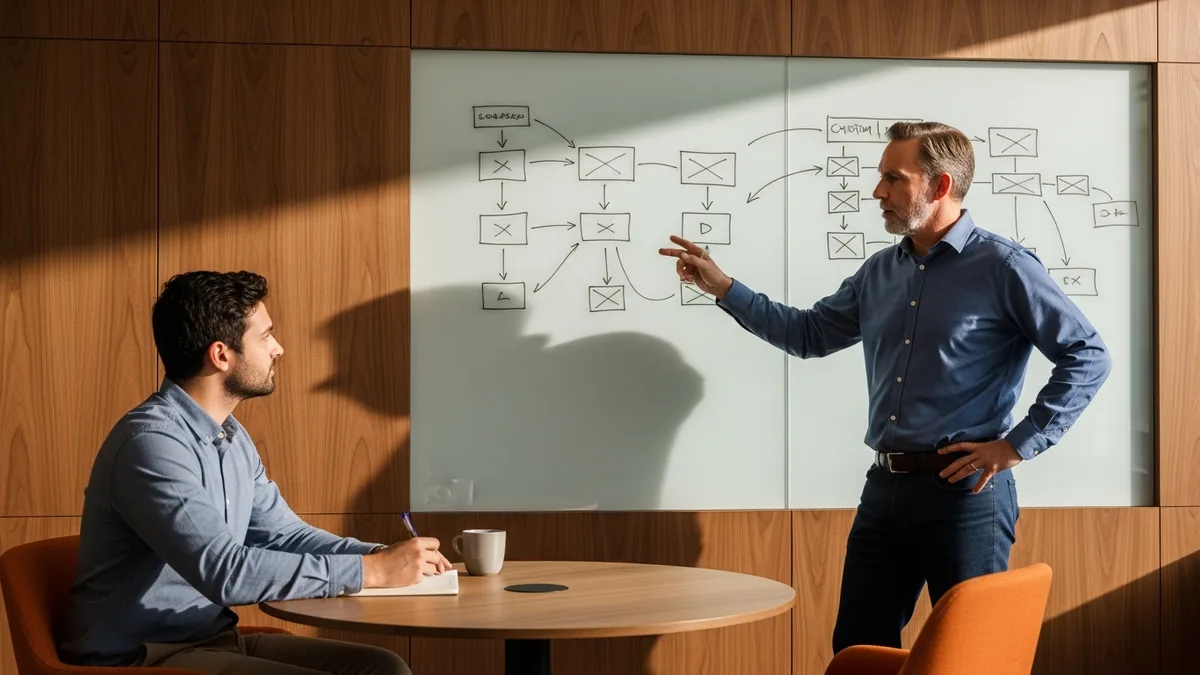 AI solutions engineer system design interview at a glass conference table