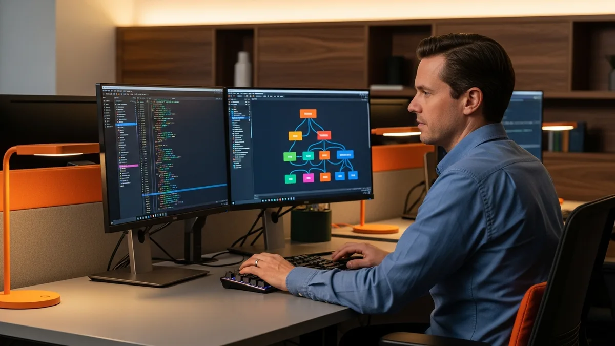AI solutions engineer reviewing model evaluation results at a dual-monitor workstation