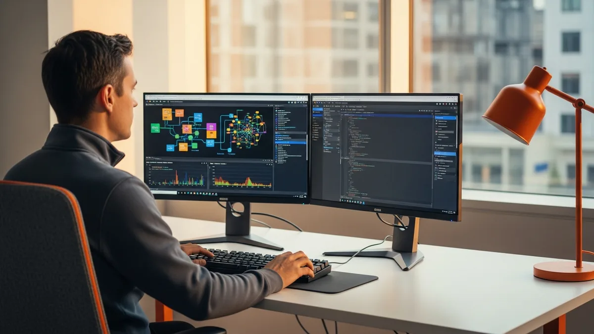 AWS cloud engineer reviewing EKS cluster metrics and CloudWatch dashboards on dual monitors in a modern tech workspace
