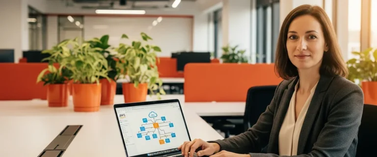 Senior AWS cloud engineer at a modern workstation reviewing cloud architecture diagrams — KORE1 guide to hiring AWS cloud engineers in 2026