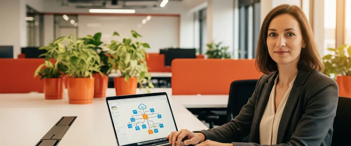 Senior AWS cloud engineer at a modern workstation reviewing cloud architecture diagrams — KORE1 guide to hiring AWS cloud engineers in 2026