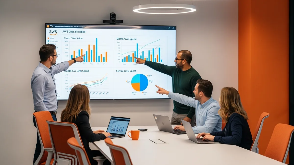 AWS cloud engineering team reviewing FinOps cost optimization dashboards and reserved instance plans in a modern conference room