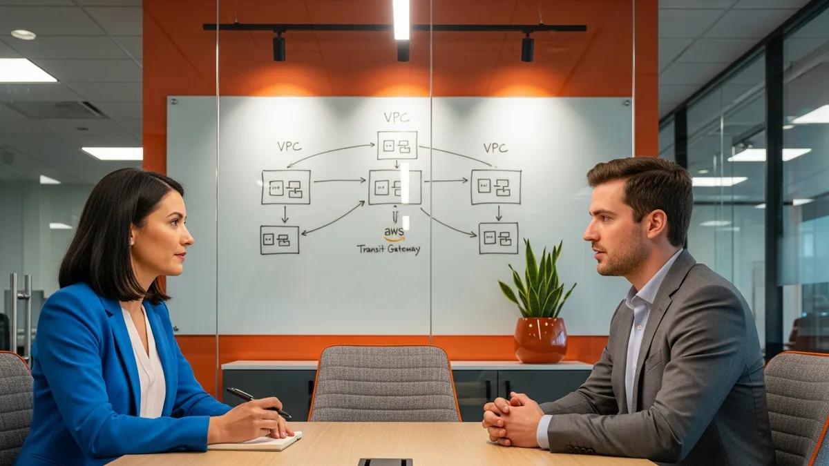 Hiring manager interviewing an AWS cloud engineering candidate with VPC and Transit Gateway architecture diagrams sketched on a whiteboard