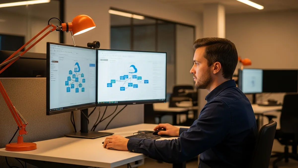 Azure cloud infrastructure engineer reviewing architecture diagrams on dual monitors at a corporate workstation