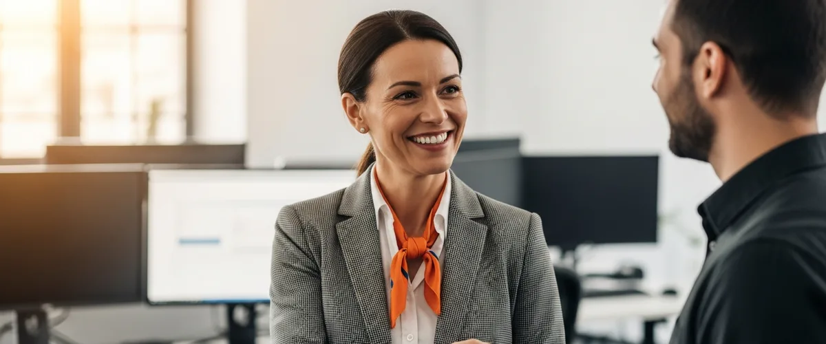 KORE1 technical recruiter shaking hands with Azure cloud engineer in a modern tech office