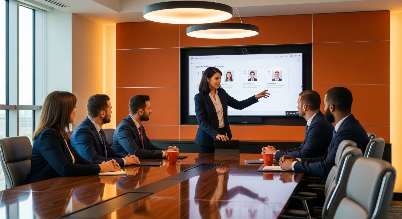 Executive search committee in boardroom reviewing CIO candidate profiles on display screen