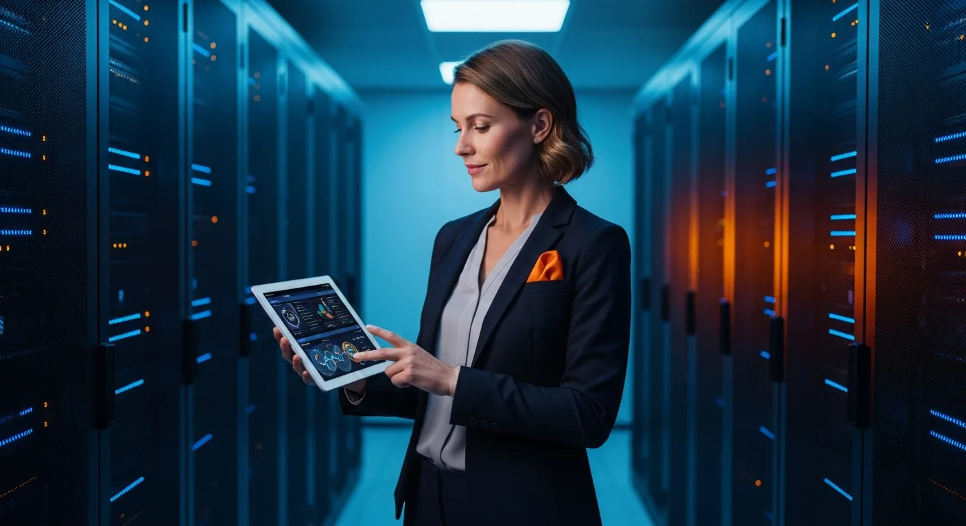 CIO technology leader reviewing infrastructure dashboards on tablet in server room