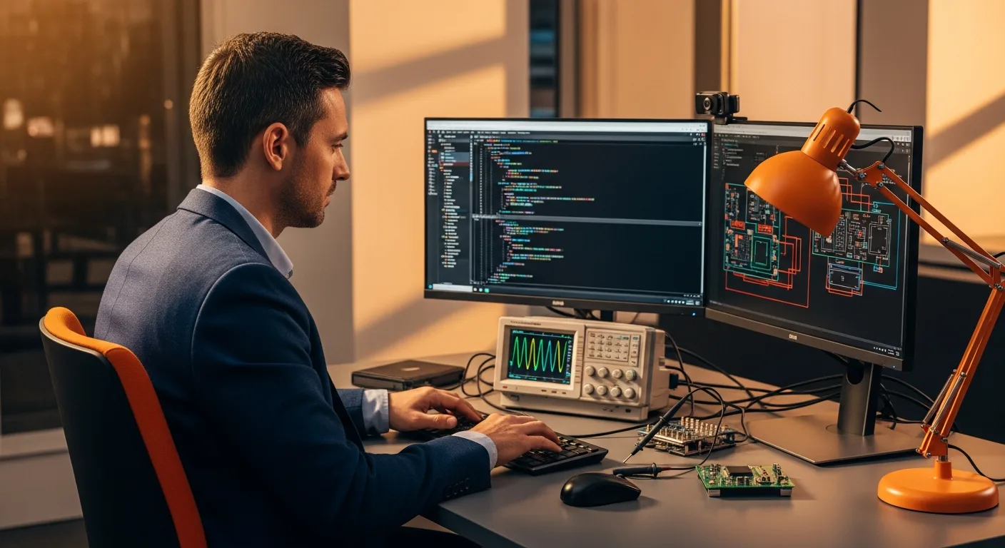 Senior embedded C++ developer debugging firmware code at a dual-monitor workstation with oscilloscope and circuit board in a modern tech office