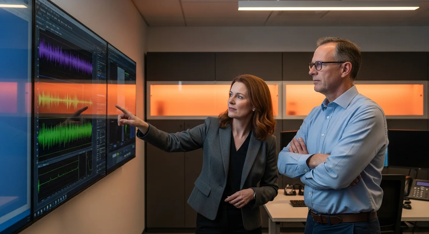 Two defense aerospace engineers reviewing C++ radar signal processing data on wall-mounted displays in a secure technology office