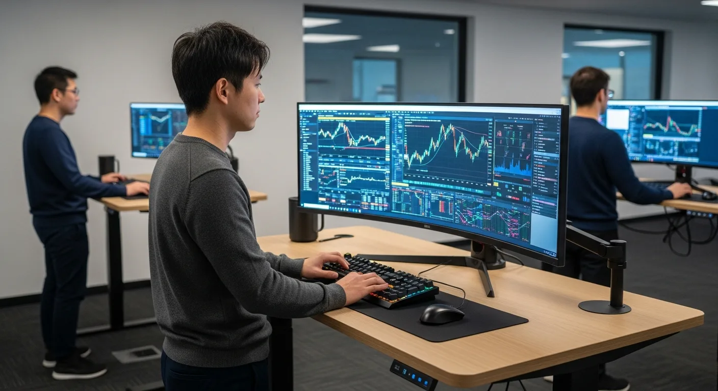 High-frequency trading C++ developers at standing desks monitoring real-time market data dashboards on ultra-wide curved monitors