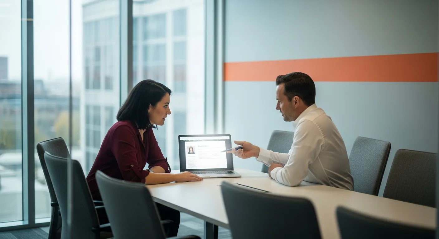 KORE1 recruiter and hiring manager reviewing C++ developer candidate profiles in a modern conference room